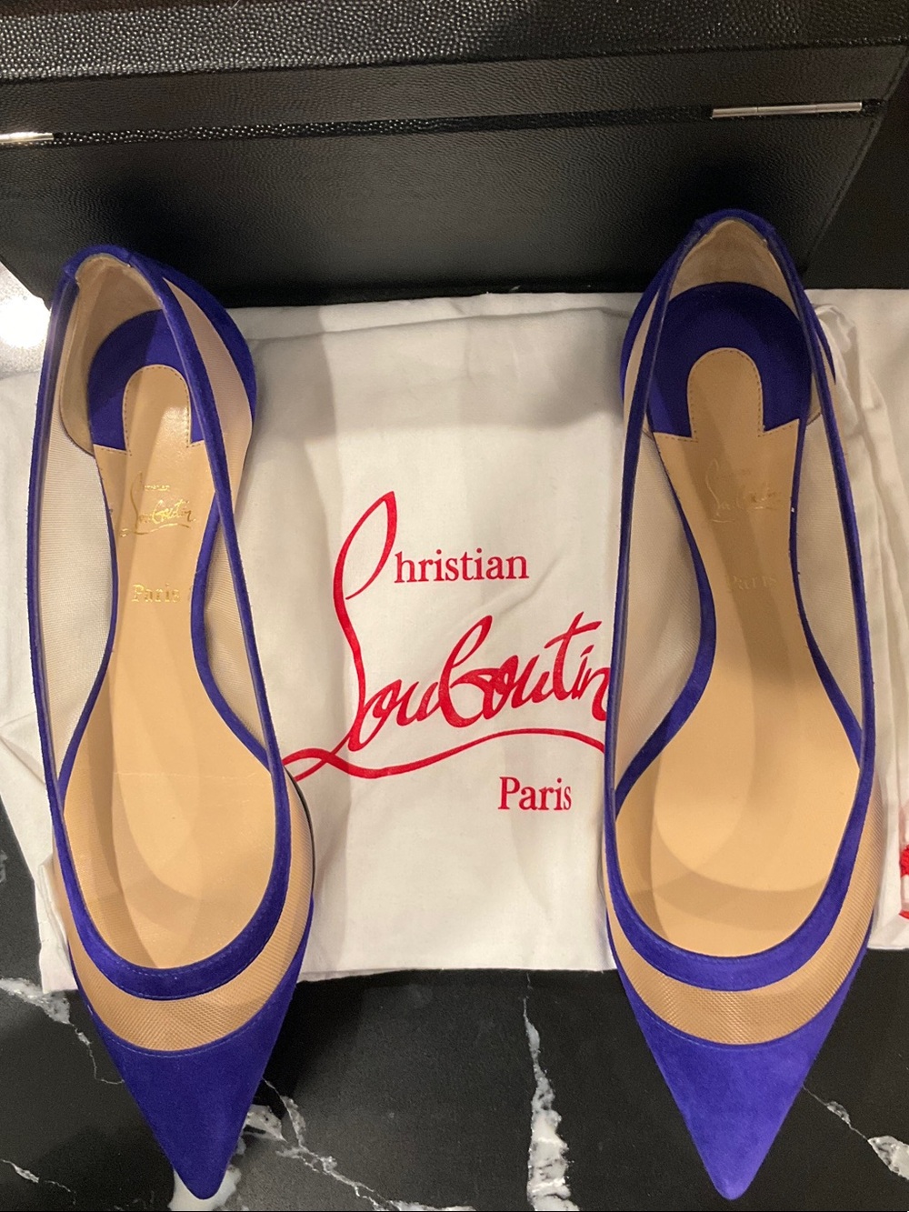 Christian Louboutin Pointed Flats in Vivid Blue/Purple Suede and Nude Mesh - Picture 8 of 9
